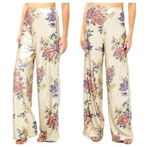 NWT Rare Forever 21 HTF Reversible Sequin Floral Wide Leg Pants
